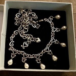 Brighton Vivaldi White Glass Dangle Beaded Scroll Heart Necklace